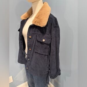 Stone Row Corduroy Sherpa Collar Jacket Women’s Small Navy Cropped Trucker Coat
